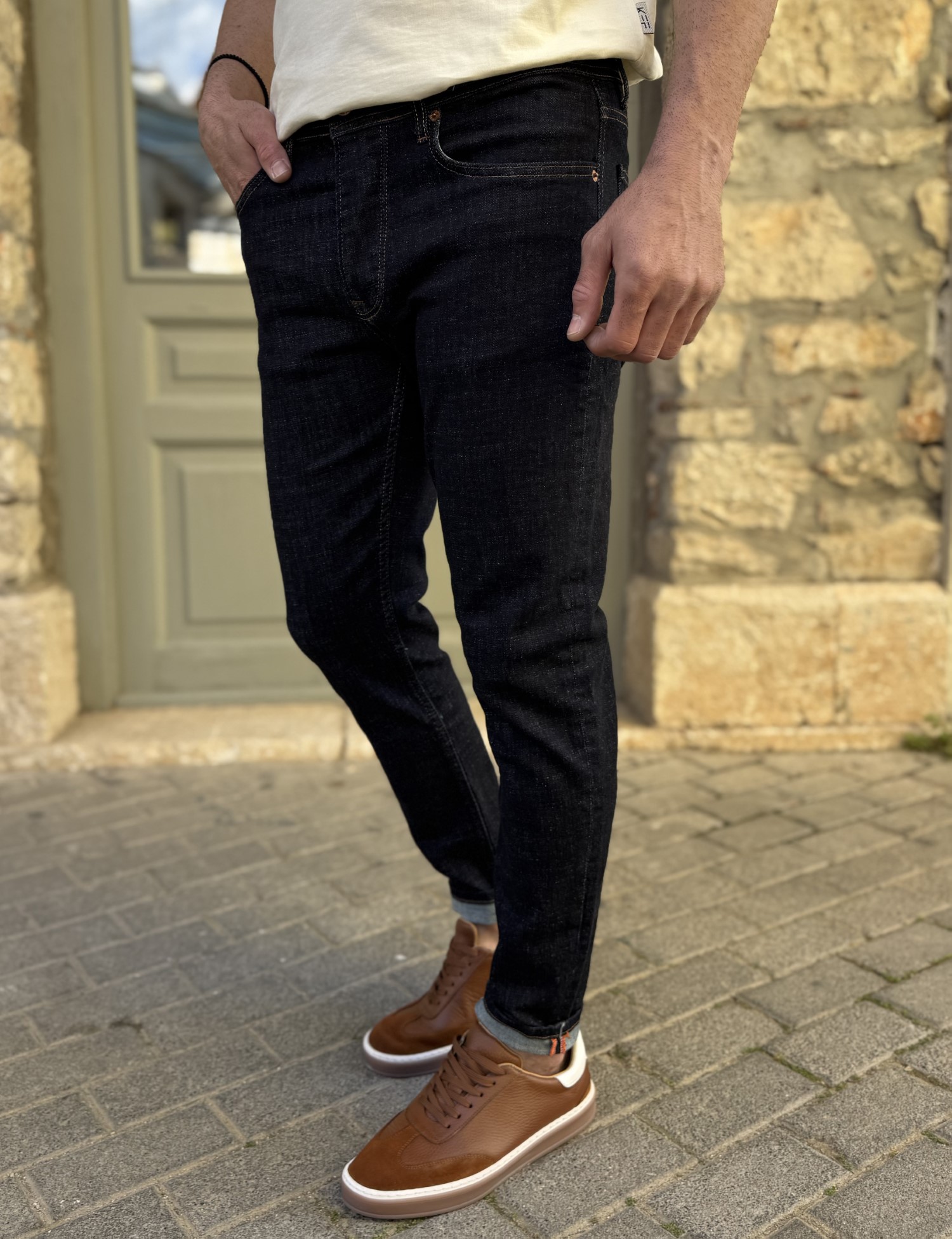 Ανδρικό Slim blueblack τζιν παντελόνι πεντάτσεπο με κουμπιά 3LN496 φωτογραφία